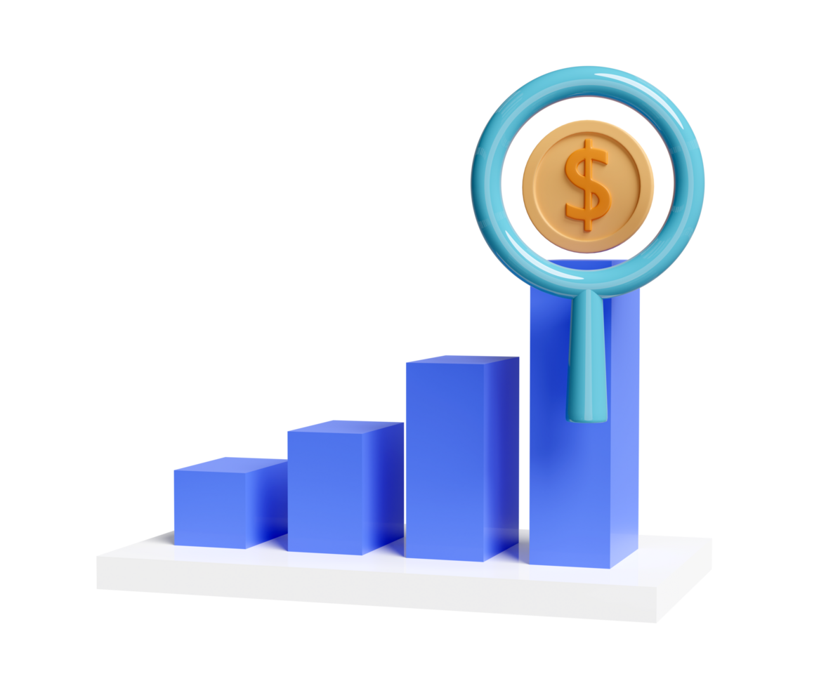 3D charts graph with magnifying glass, coin, analysis business financial data, online marketing isolated. business strategy minimal concept, 3d render illustration png