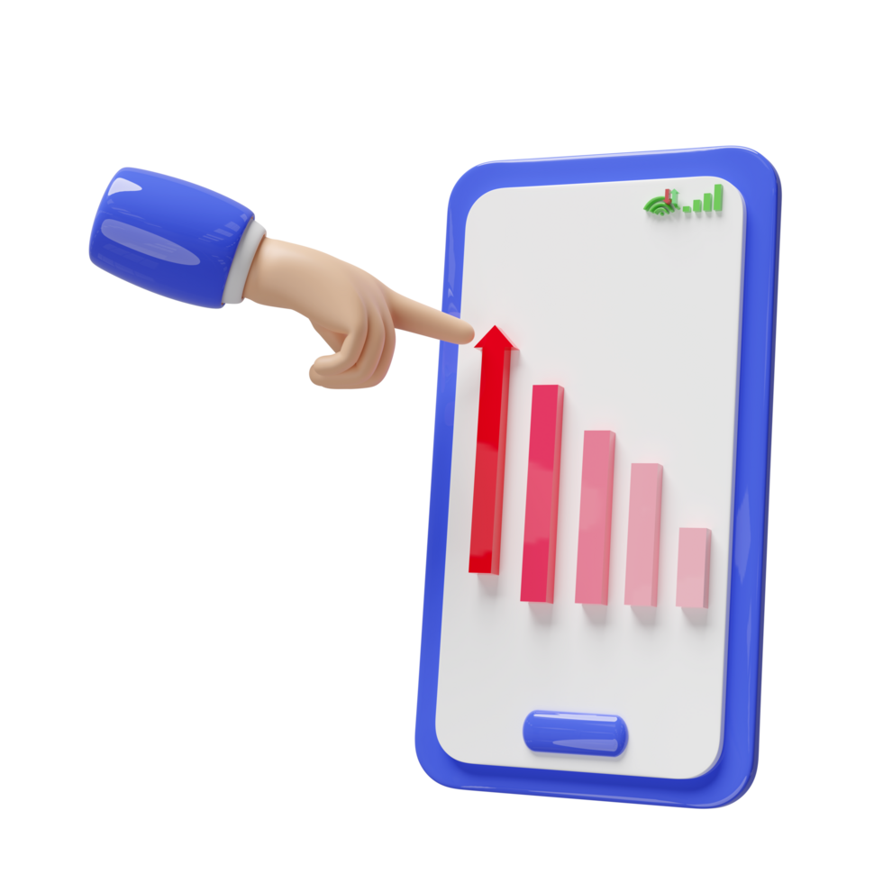 3d charts graph with businessman hand pointing, mobile phone, smartphone isolated. analysis business financial data, business strategy concept, 3d illustration render png