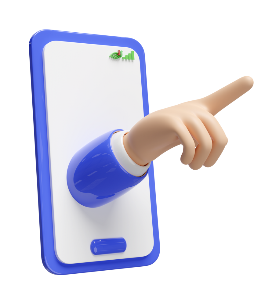 cartoon businessman hand pointing with mobile phone, smartphone isolated. 3d illustration render png