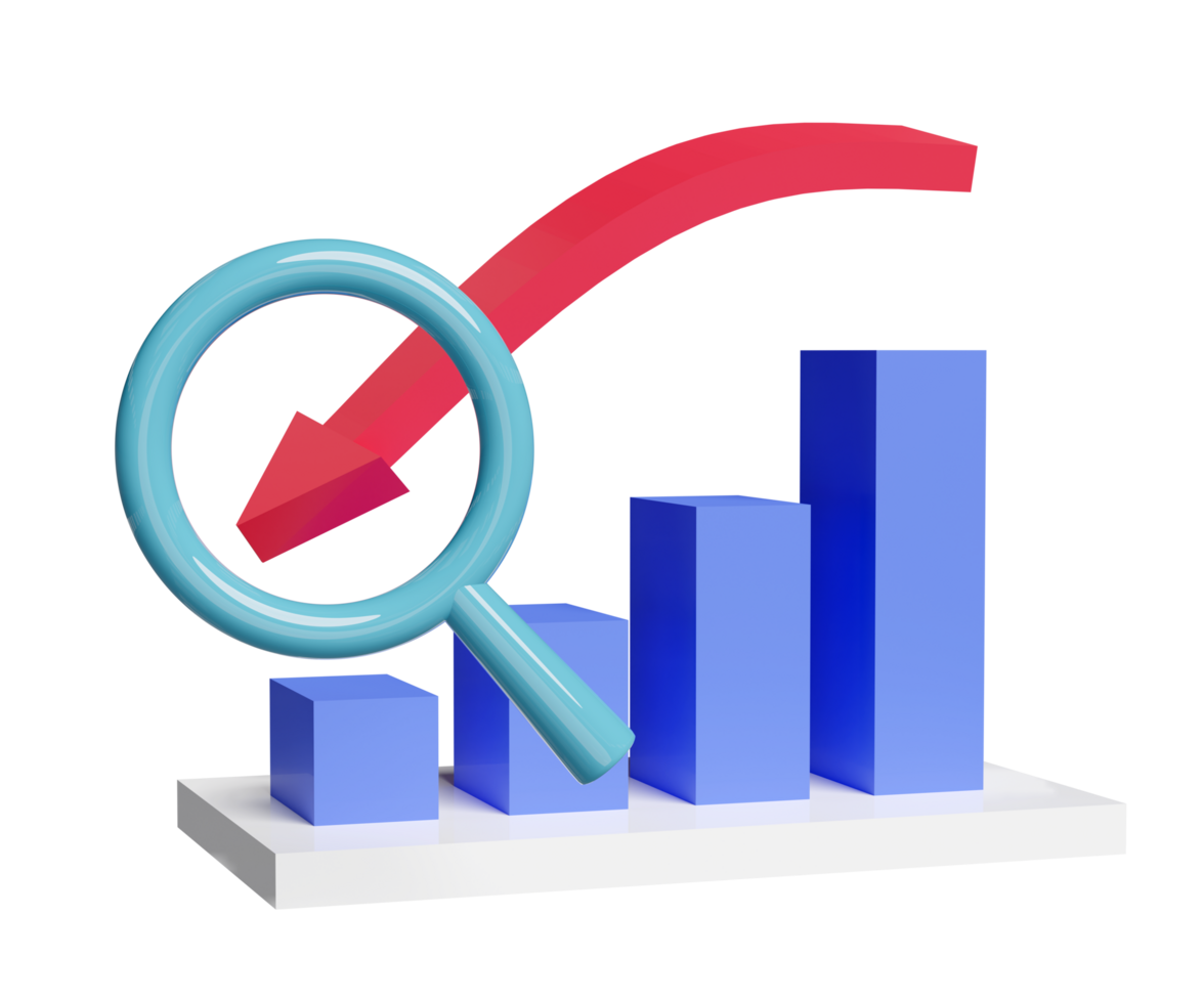 3D charts graph with magnifying glass, analysis business financial data, online marketing isolated. business strategy minimal concept, 3d render illustration png