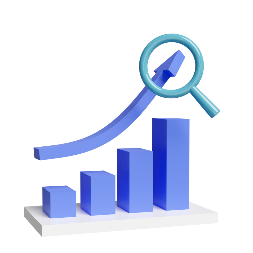 3D charts graph with magnifying glass, analysis business financial data, online marketing isolated. business strategy minimal concept, 3d render illustration png