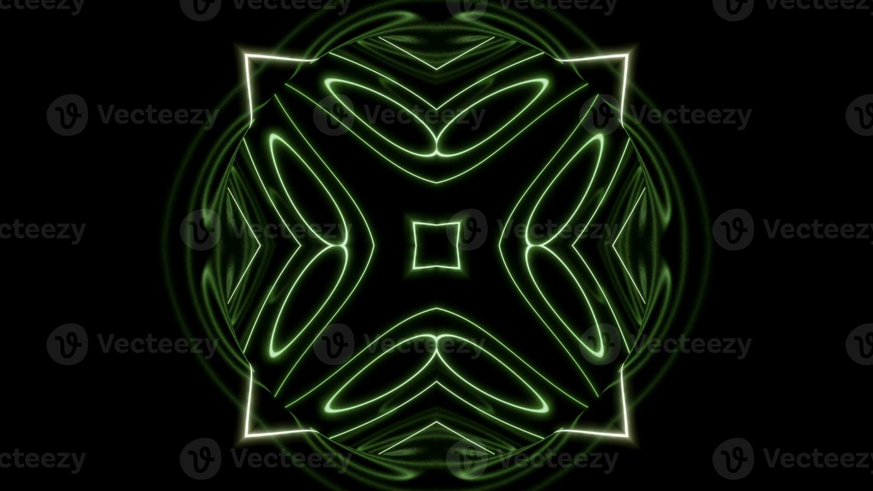 Geometric kaleidoscopic background with transforming shapes. Design. Moving neon silhouettes on a black background. photo