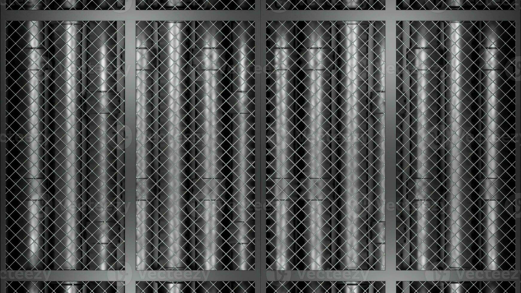 Abstract rows of metal pipes behind metal grid. Design. Abstract industrial background with silver tubes behind the fence. photo