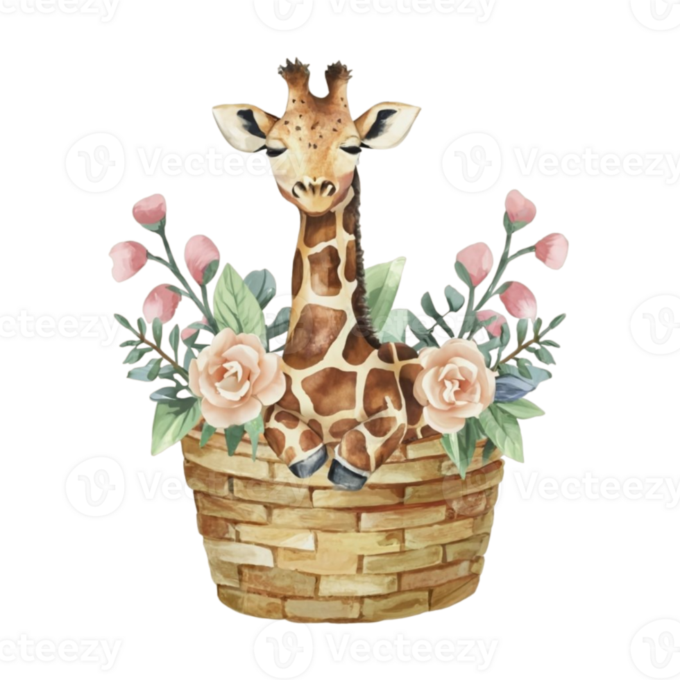 AI generated watercolor giraffe in basket with flowers and leaves png download