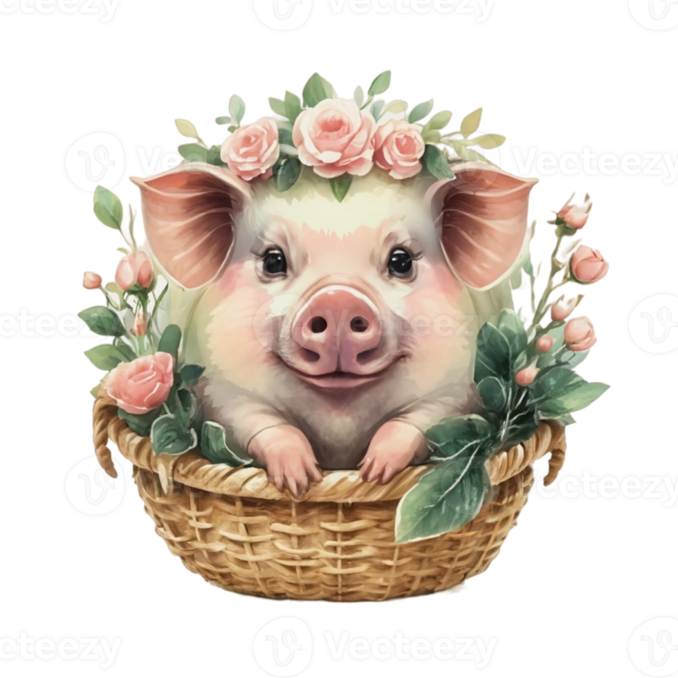 AI generated cute pig in a basket with flowers on transparent background png