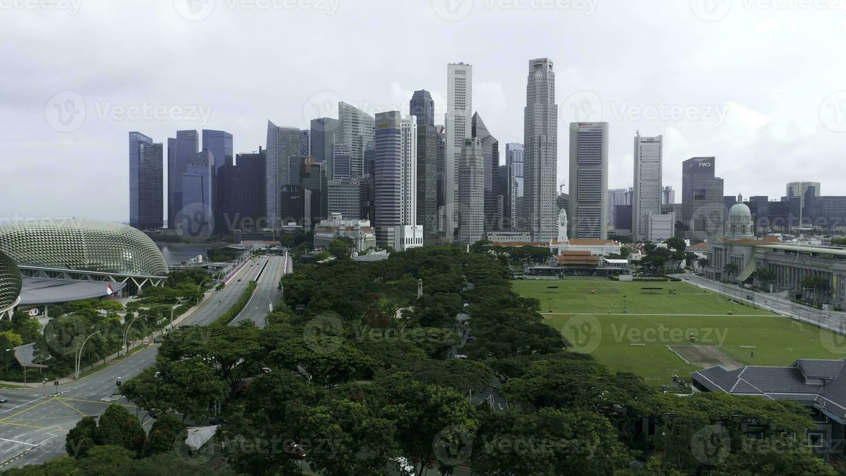 Singapore, June 17, 2018. Aerial footage of Singapore skyscrapers with City Skyline during cloudy summer day. Shot. Aerial view of Singapore city photo