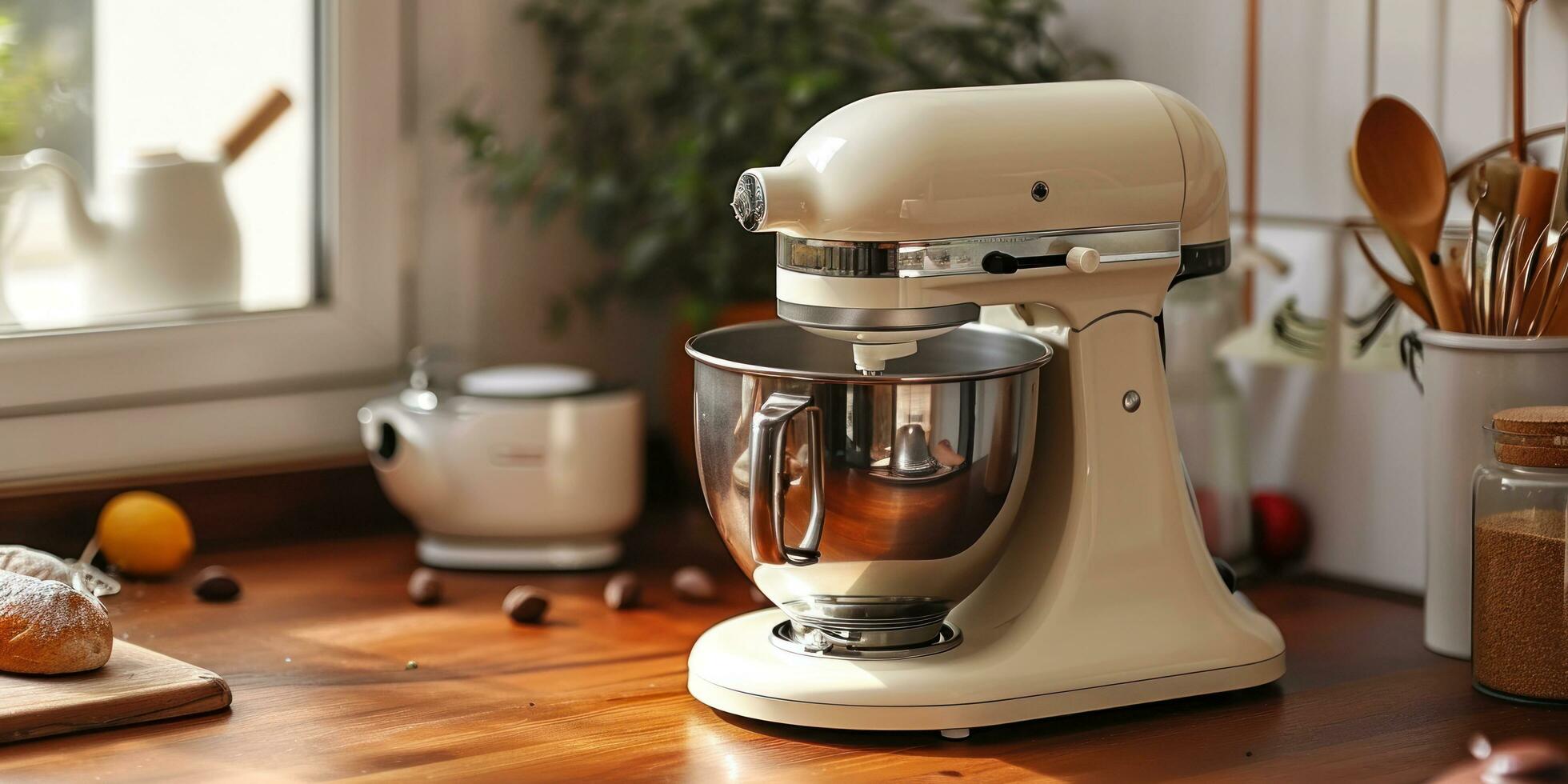 AI generated kitchen beater mixer on wooden table in kitchen photo