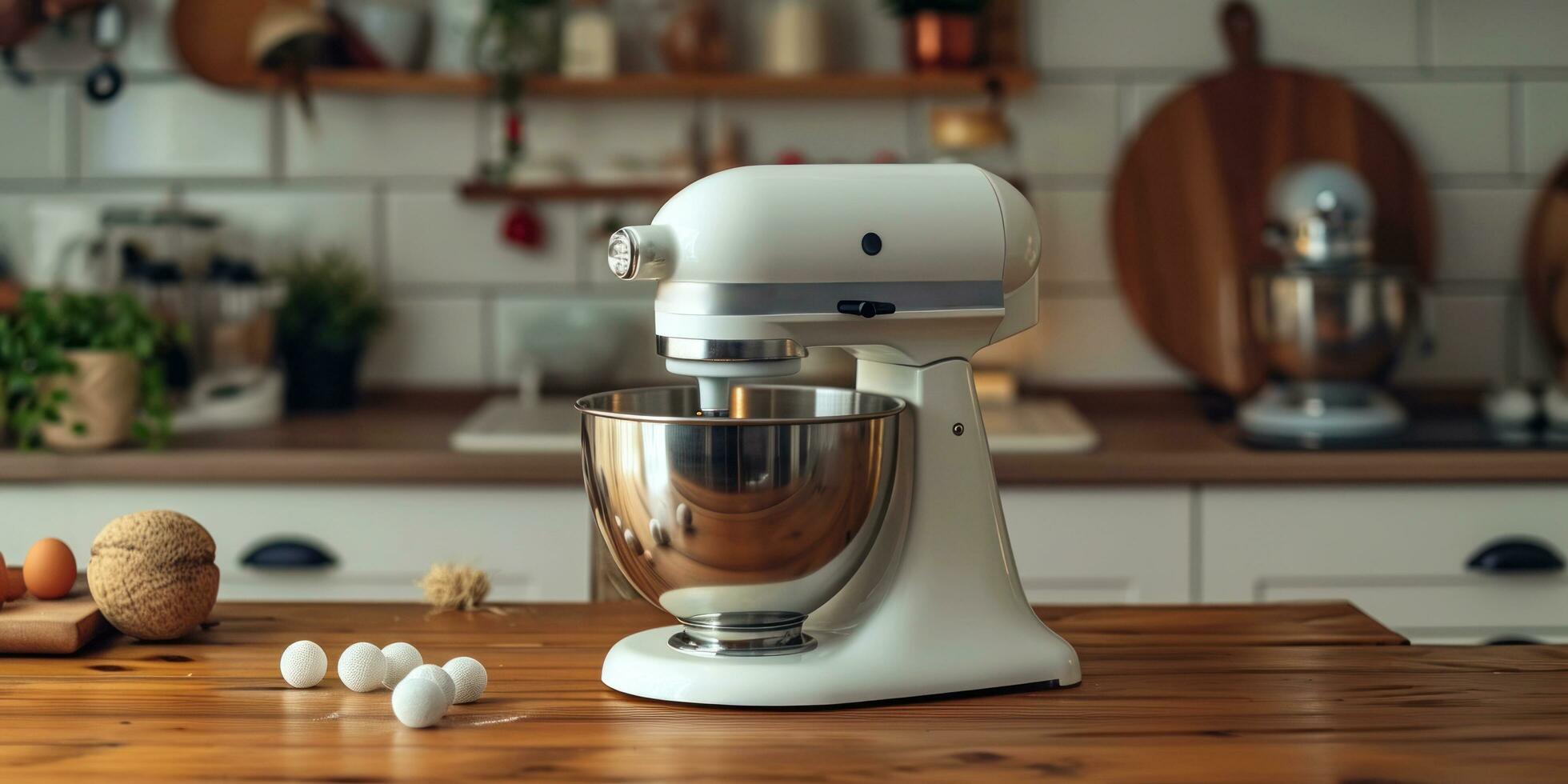 AI generated kitchen beater mixer on wooden table in kitchen photo