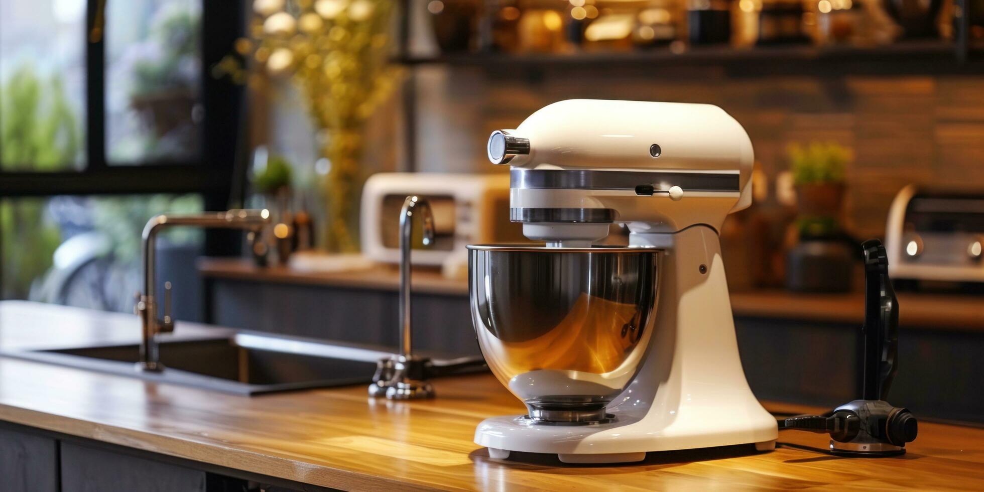 ai generado cocina batidora mezclador en de madera mesa en cocina foto