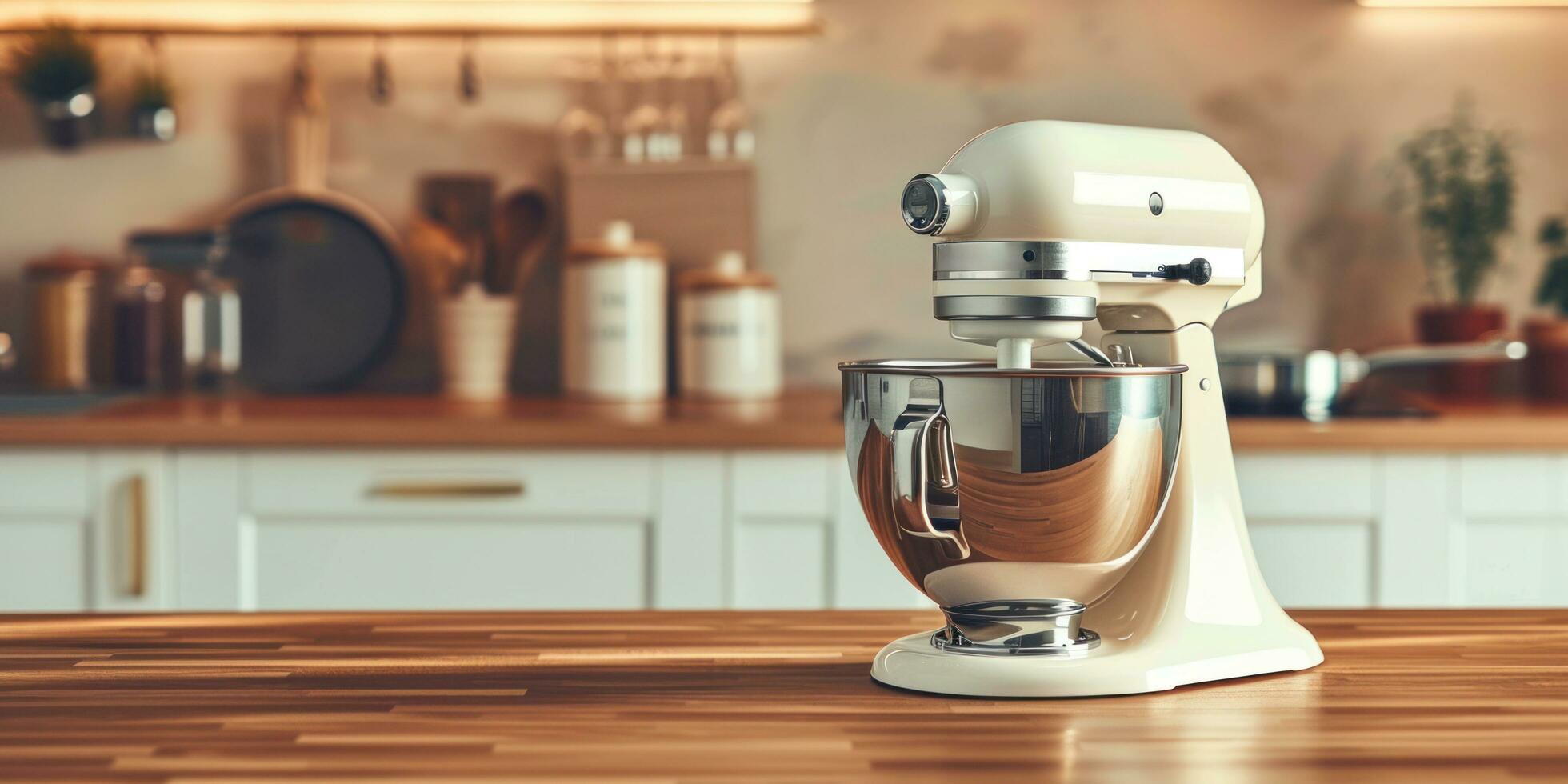 ai generado cocina batidora mezclador en de madera mesa en cocina foto