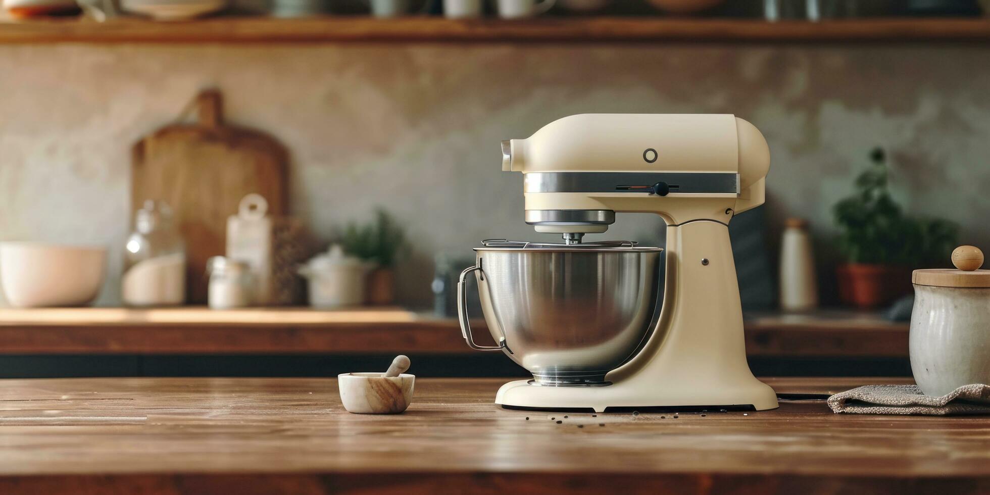 AI generated kitchen beater mixer on wooden table in kitchen photo