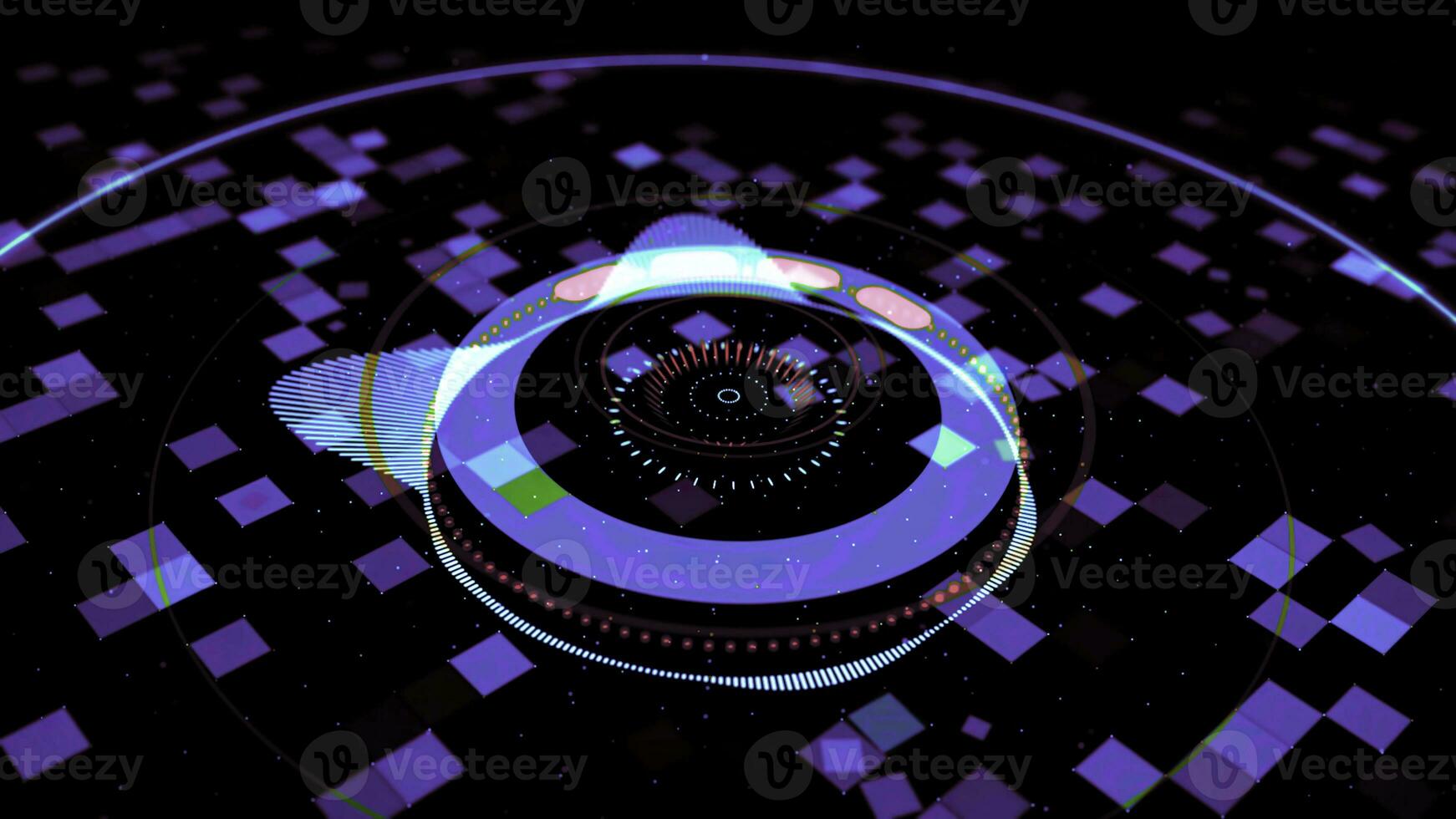 Futuristic musical animation with neon patterns on black background. Animation. Equalizer with pulsation bass in center and bright neon geometric patterns around it photo