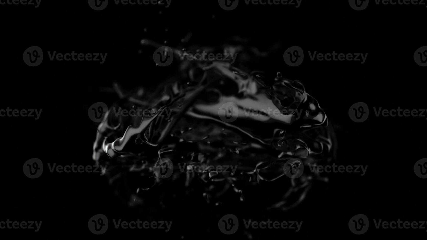 Abstract flying black blot. 3D animation of black liquid slowly moving and flying in space on black background. Effect of spill of liquid or it changes during flight photo