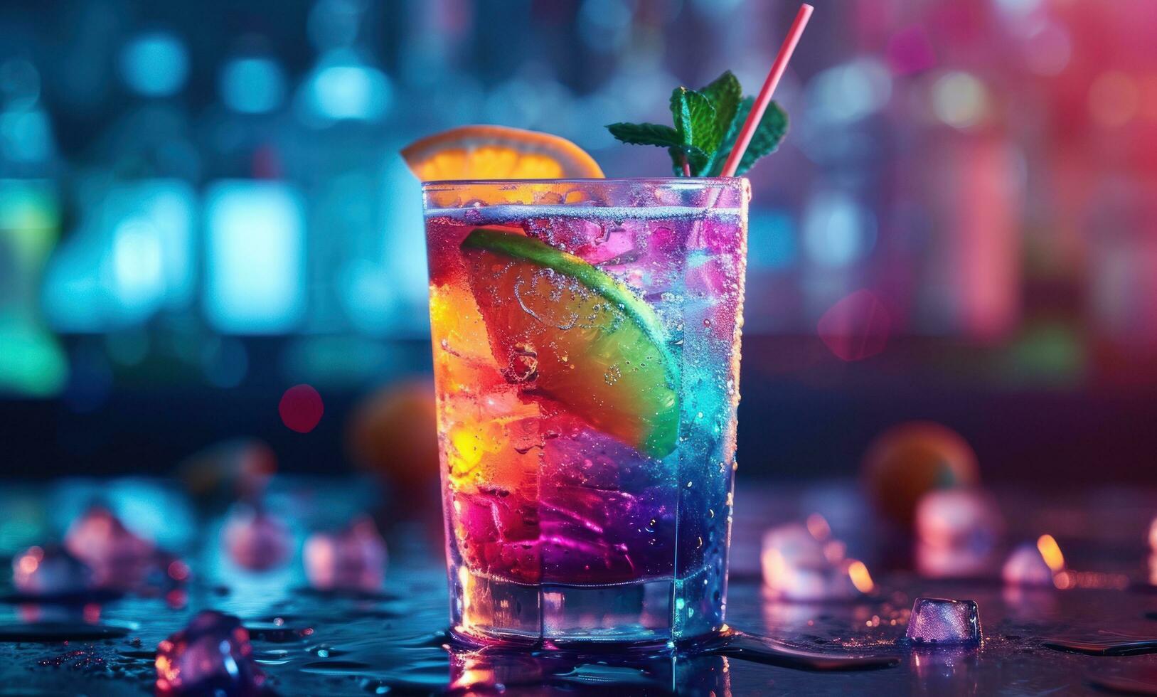 AI generated rainbow colored cocktail with drink stick is on the table at nightclub photo