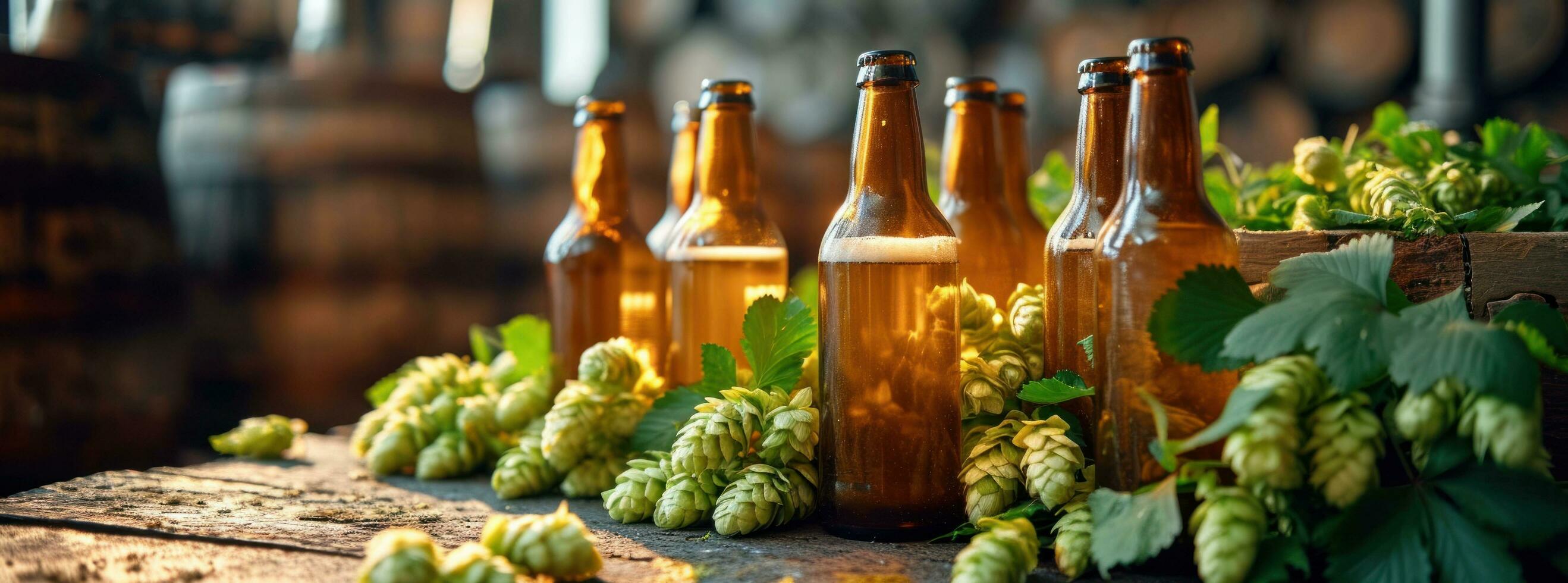 AI generated several brown bottle sitting next to some hops photo