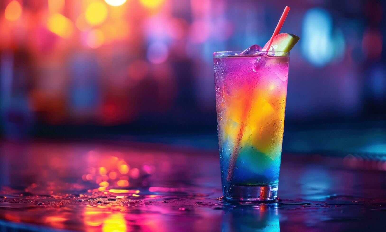 AI generated rainbow colored cocktail with drink stick is on the table at nightclub photo