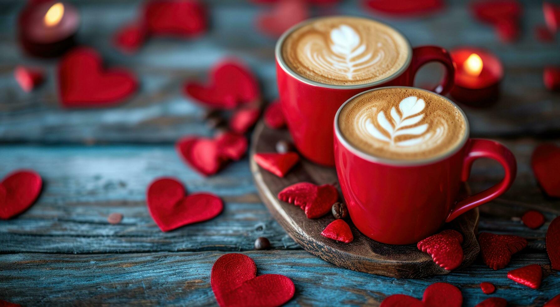 AI generated two coffee drinks on top of a wooden table with valentine hearts photo