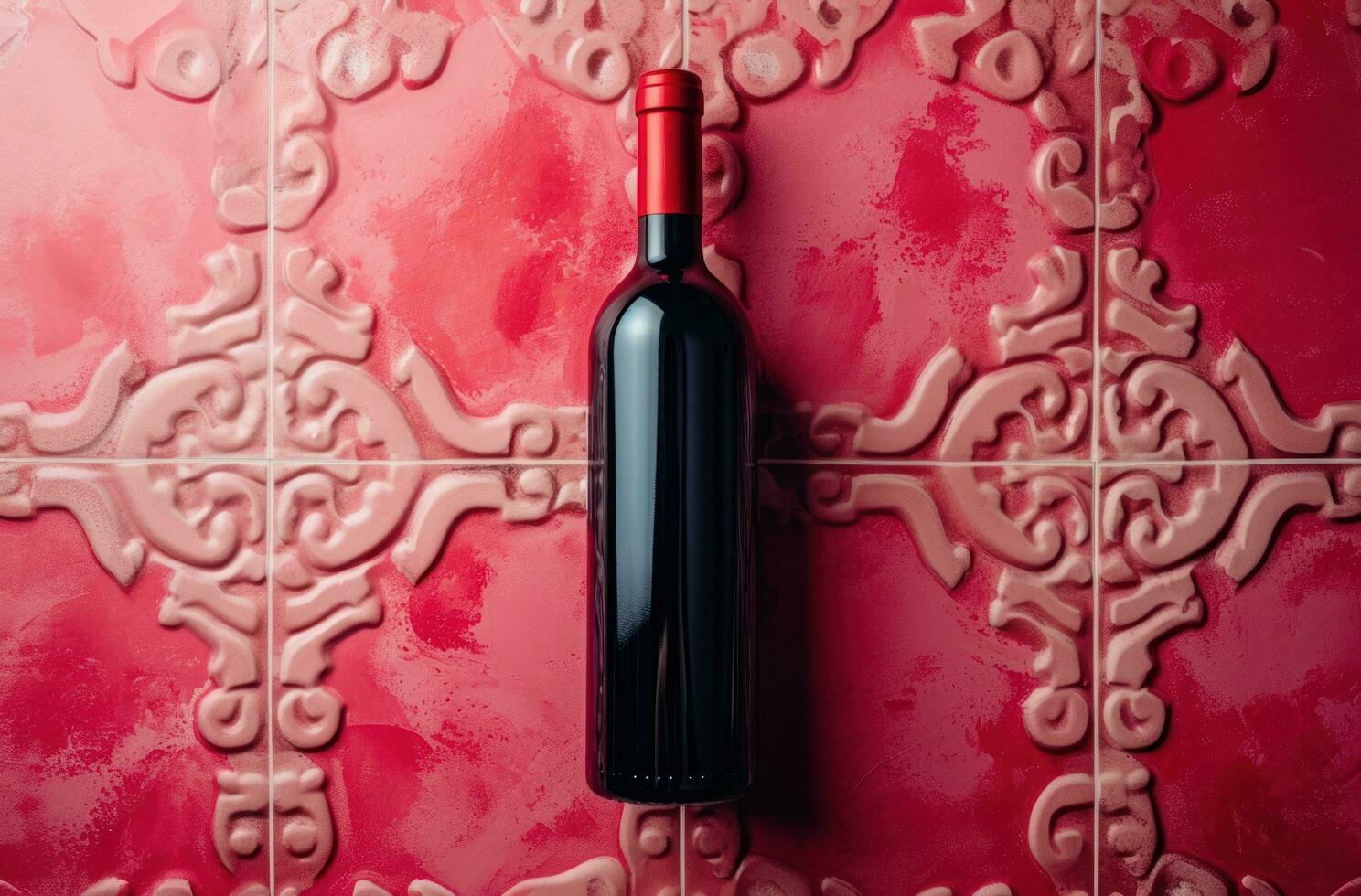 AI generated red wine bottle, isolated on a pink pattern flat photo