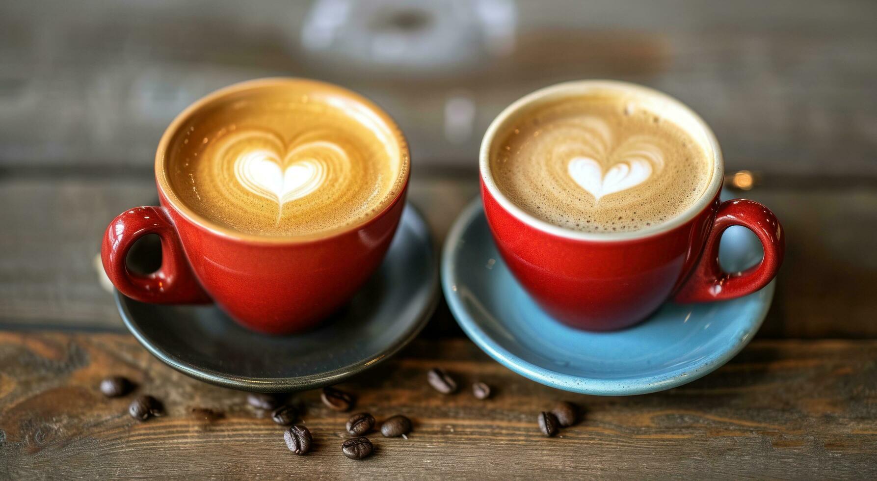 AI generated two coffee drinks on top of a wooden table with valentine hearts photo