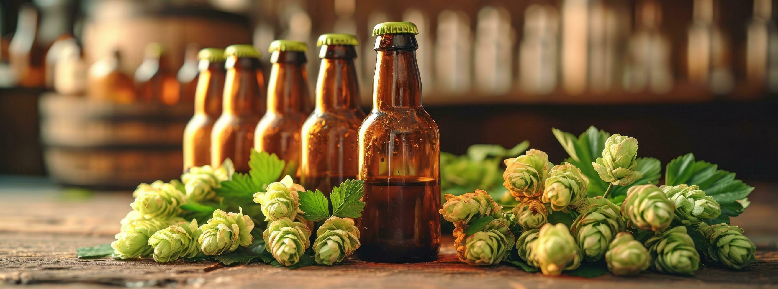 AI generated several brown bottle sitting next to some hops photo