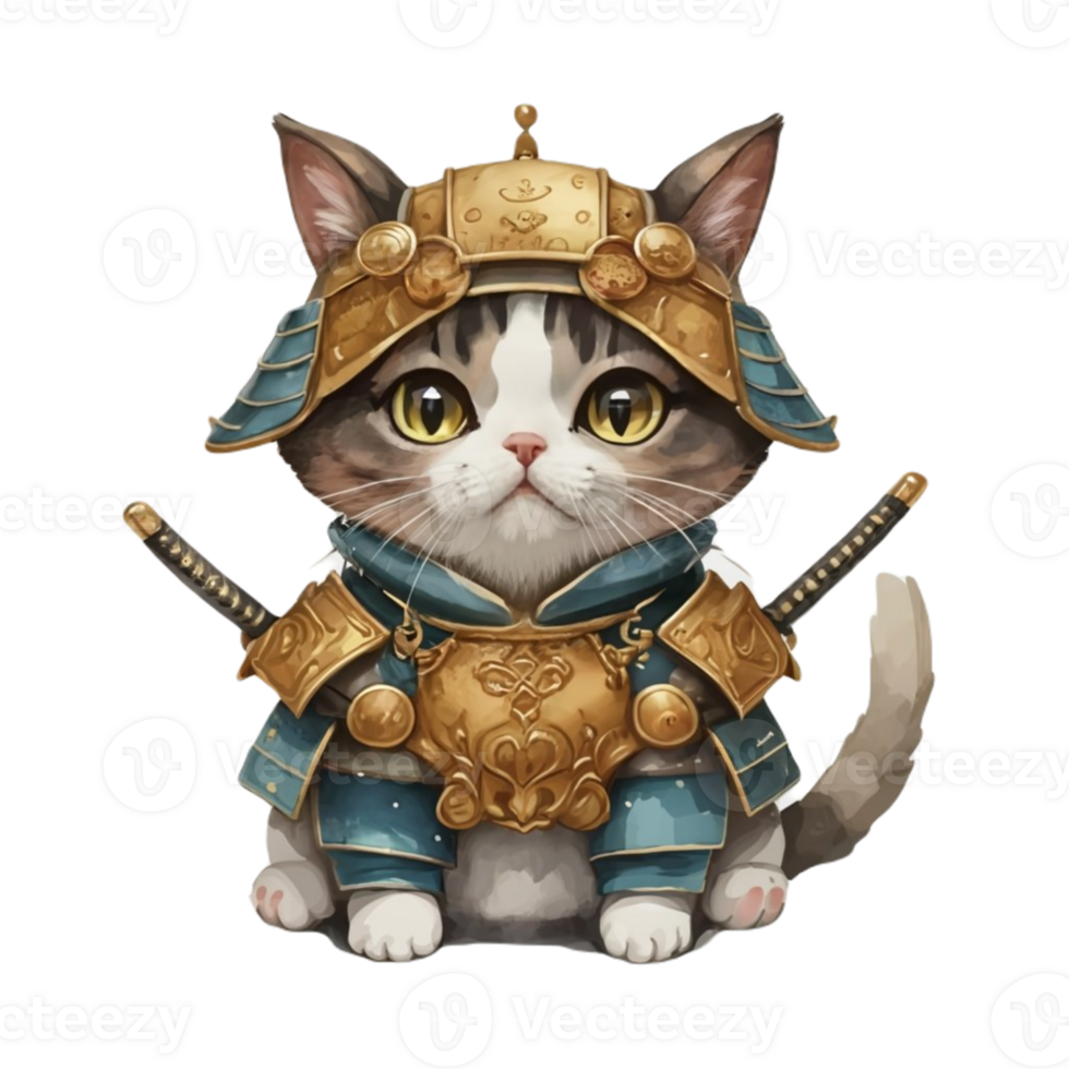 AI generated Cute cat wearing Samurai costume png