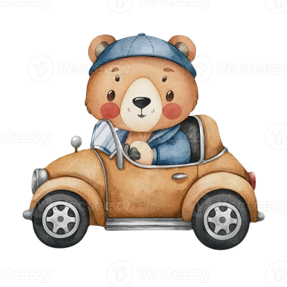 AI generated cute little bear sitting in a vintage sports car png