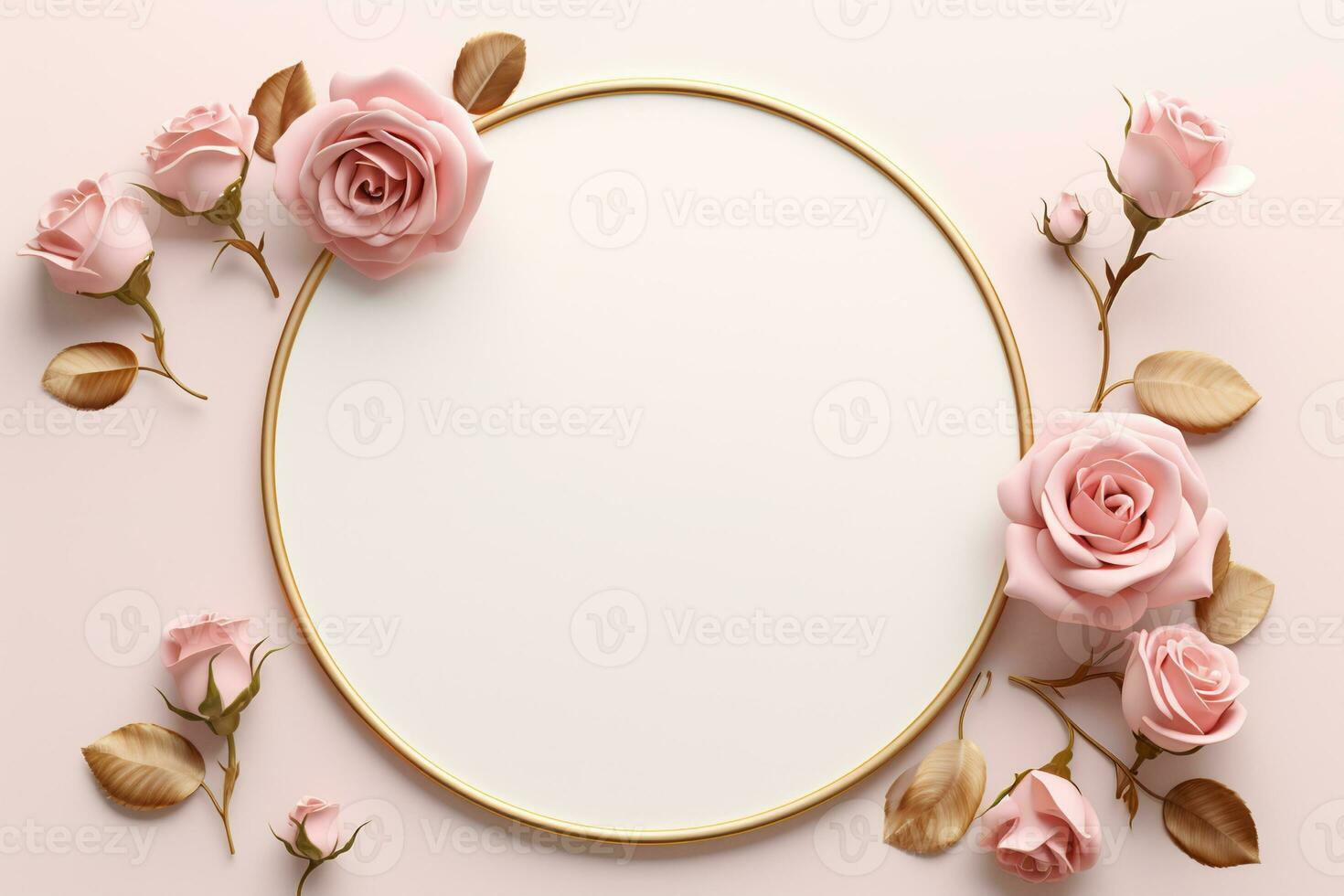 ai generado un 3d representación de un oro circular marco con dos rosado rosas foto