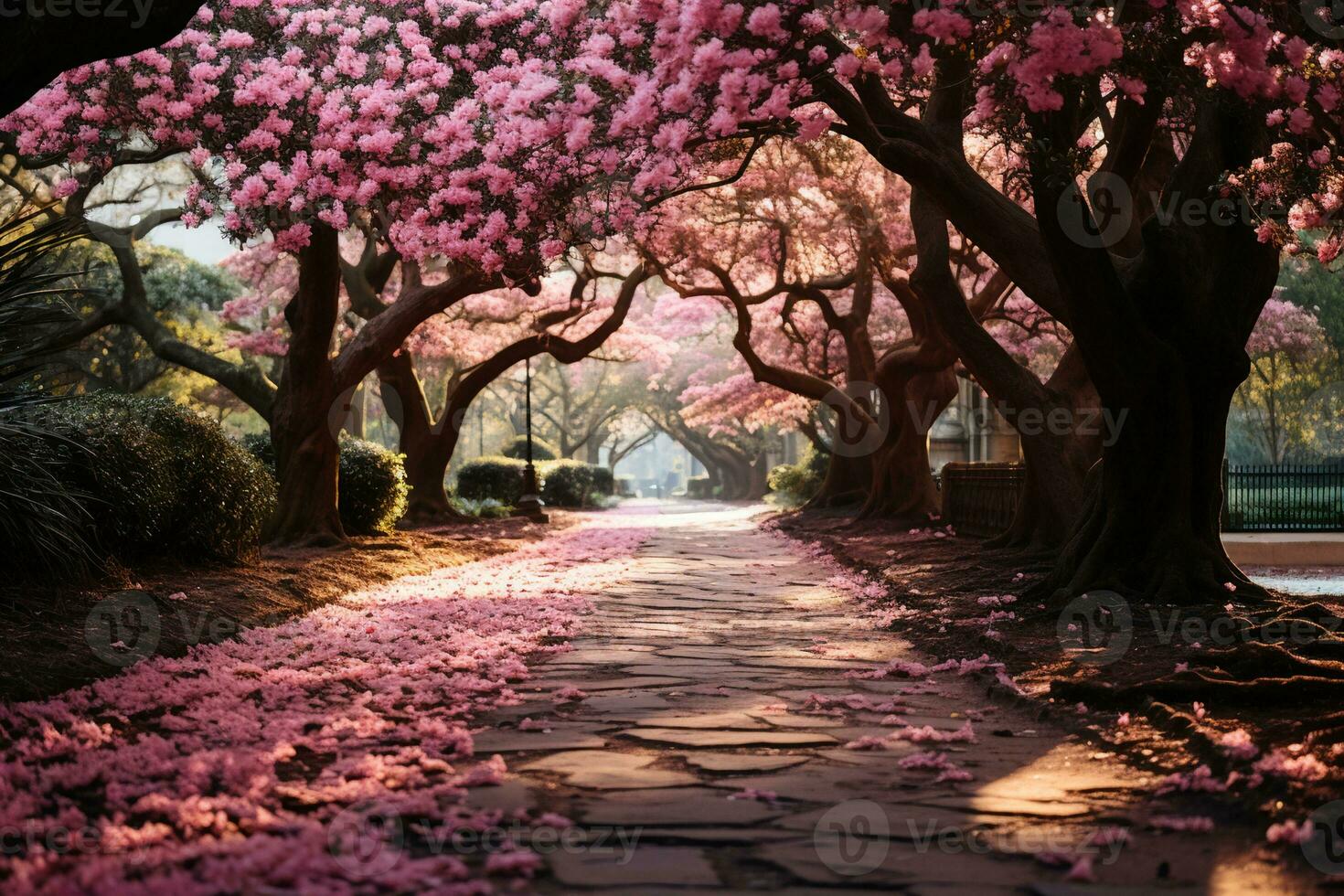 AI generated Road lined with Azaleas and Live Oak tree canopy photo