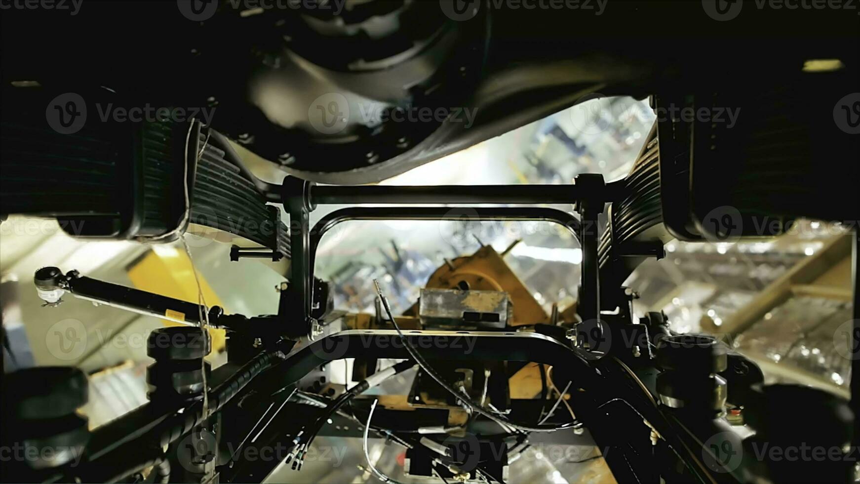 Close up of the process of car assembly at the production line. Stock footage. Rotating detail of the mechanism at the car assembly factory, construction concept. photo
