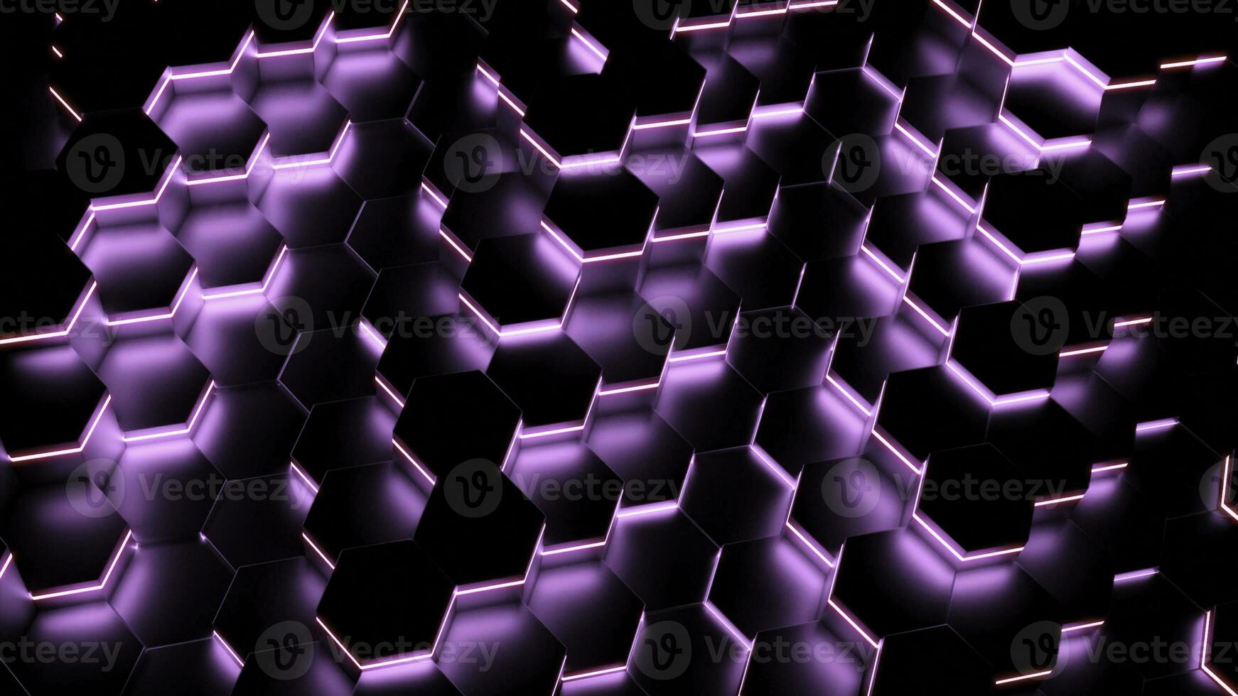 Cyber background with moving neon hexagons. Design. Cyber waves of neon hexagons on black background. Dark background with moving neon hexagons photo