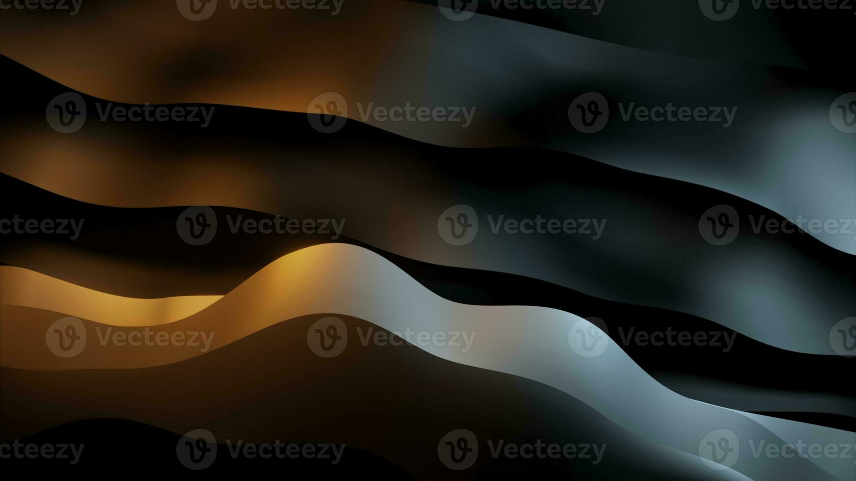 Moving stripes with reflection on black background. Design. Moving surface with wavy colored stripes in middle of animation. Stream of wavy metal strips with reflection disappearing into dark photo