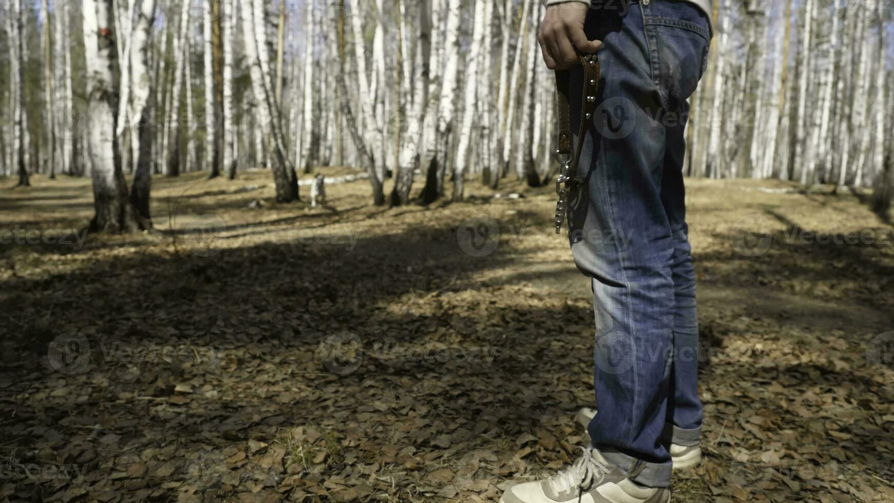 Man stands with a leash. Man waiting for the dog with the leash photo