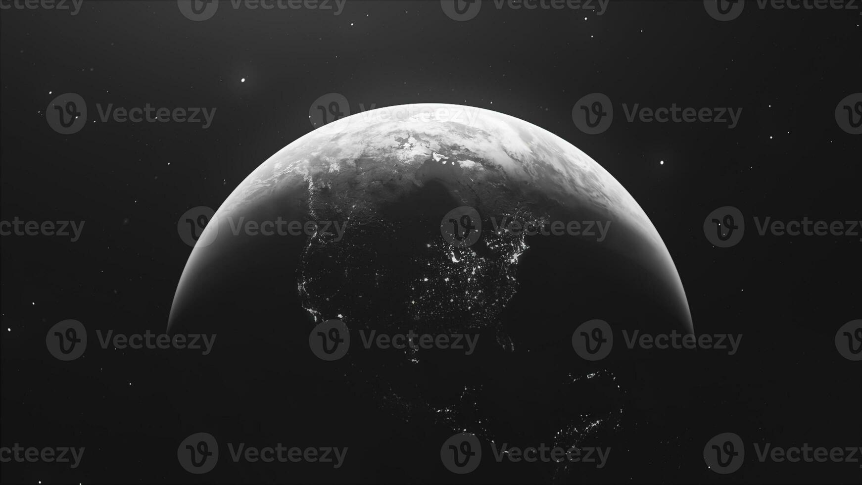 The Earth in outer space black background with glowing stars. Motion. Spinning slowly planet. photo