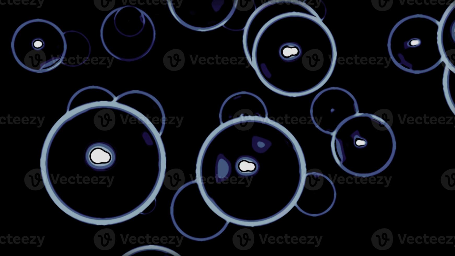 Black background with transparent bubbles. Design. Animation with giant inflated blue and purple bubbles arranged in a chaotic order. photo