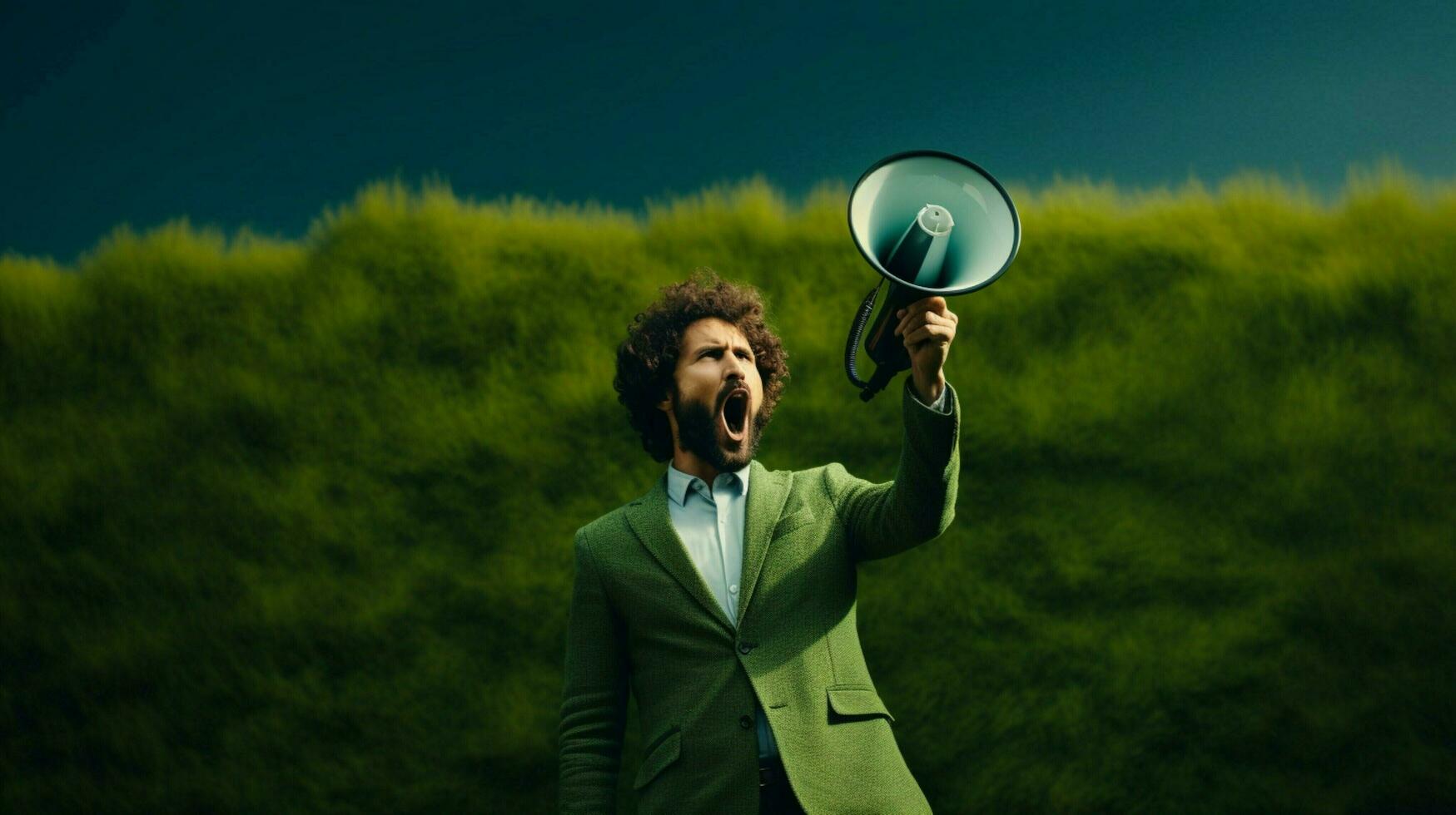 AI generated man holding megaphone standing on Moss Green background photo