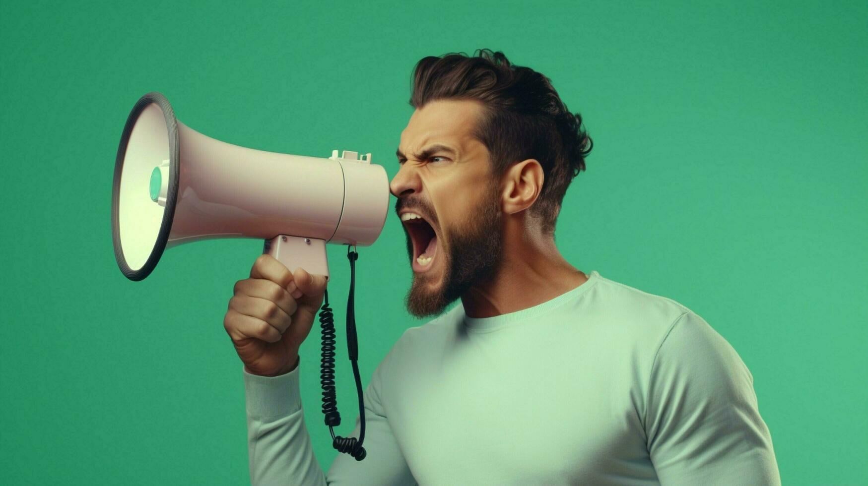AI generated man holding megaphone standing on Mint Green background photo