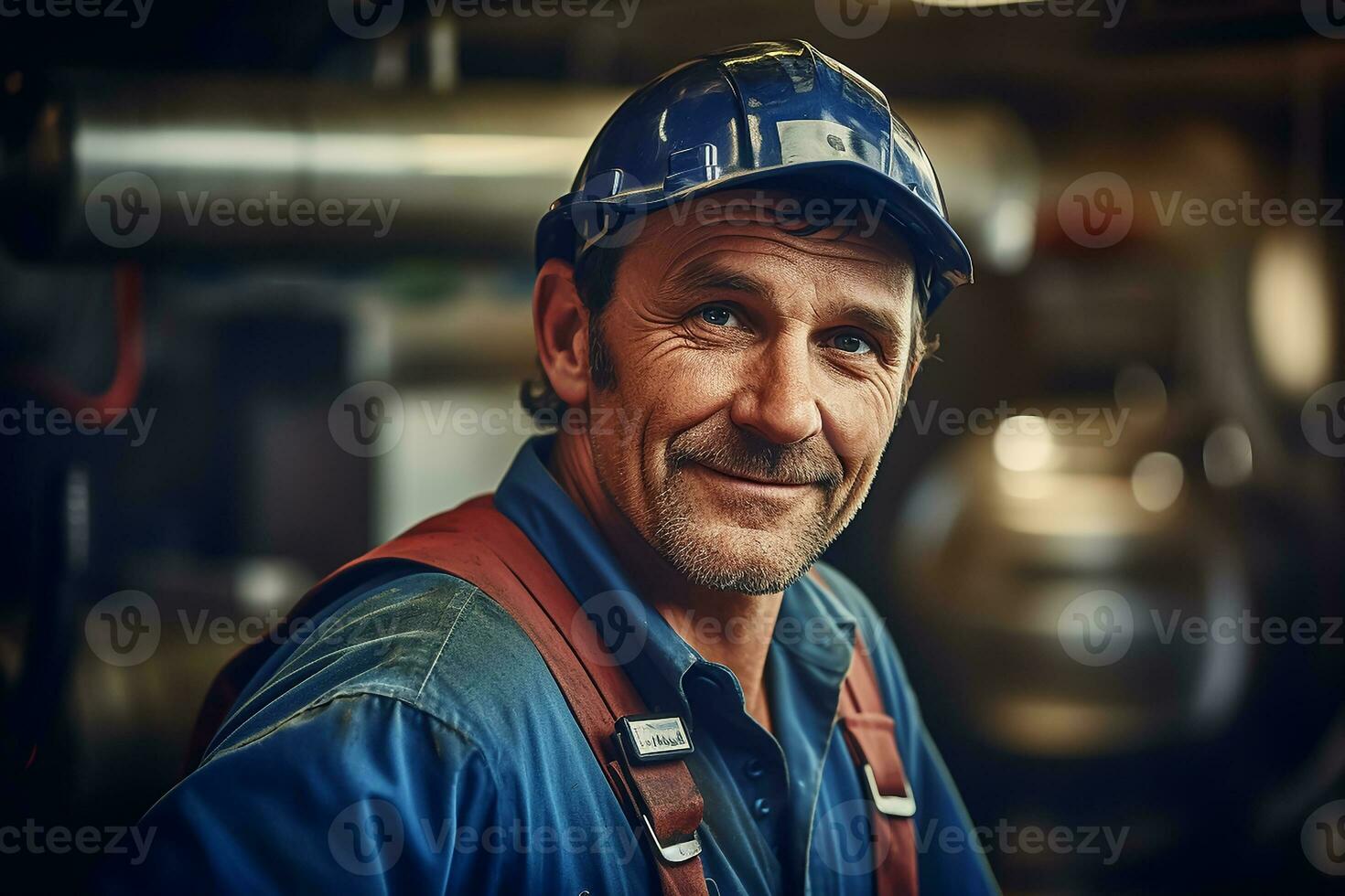 AI generated A happy plumber man and blurry background, closeup photo