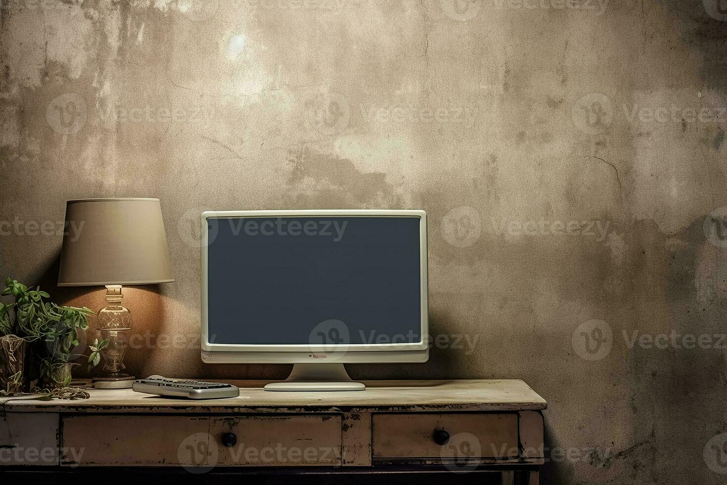 AI generated Closeup photograph of old crt tv in front of old wall photo