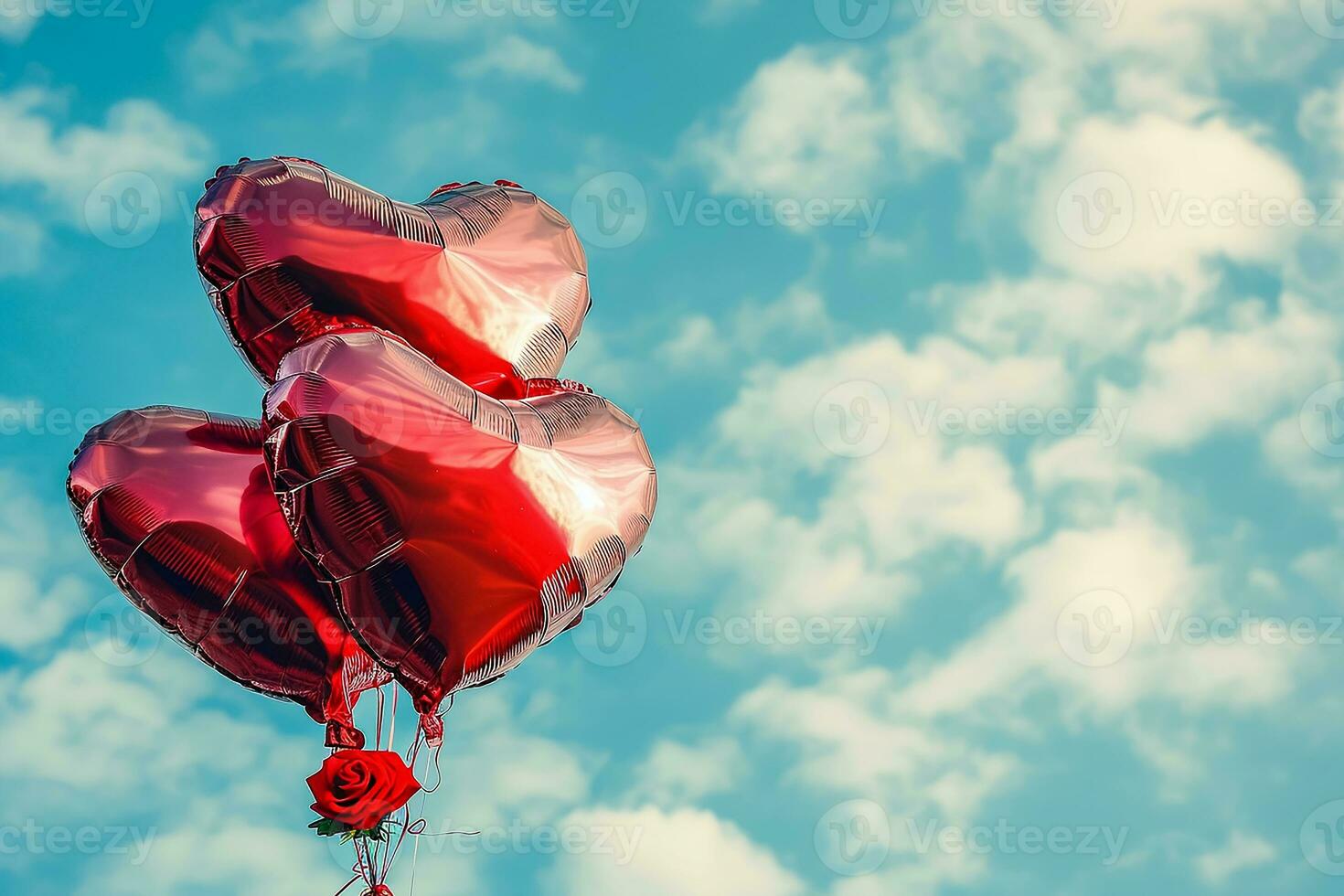 AI generated Red heart shaped foil air balloons floating on blue cloudy sky, Valentine's Day celebration photo