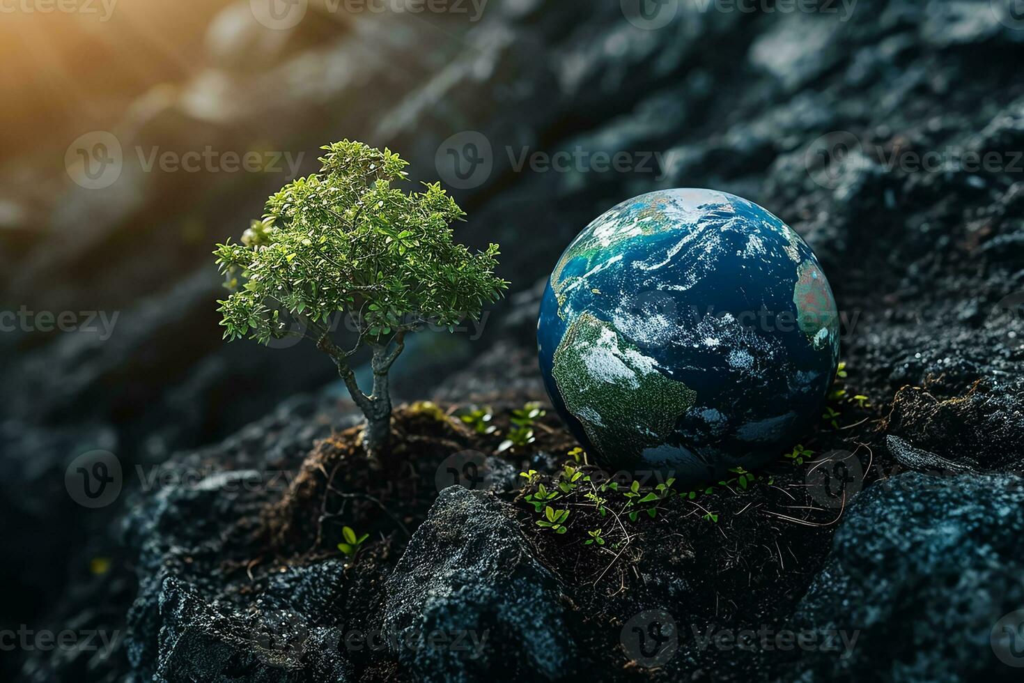 AI generated Global Earth On Soil In Forest With Ferns And Sun Shine photo