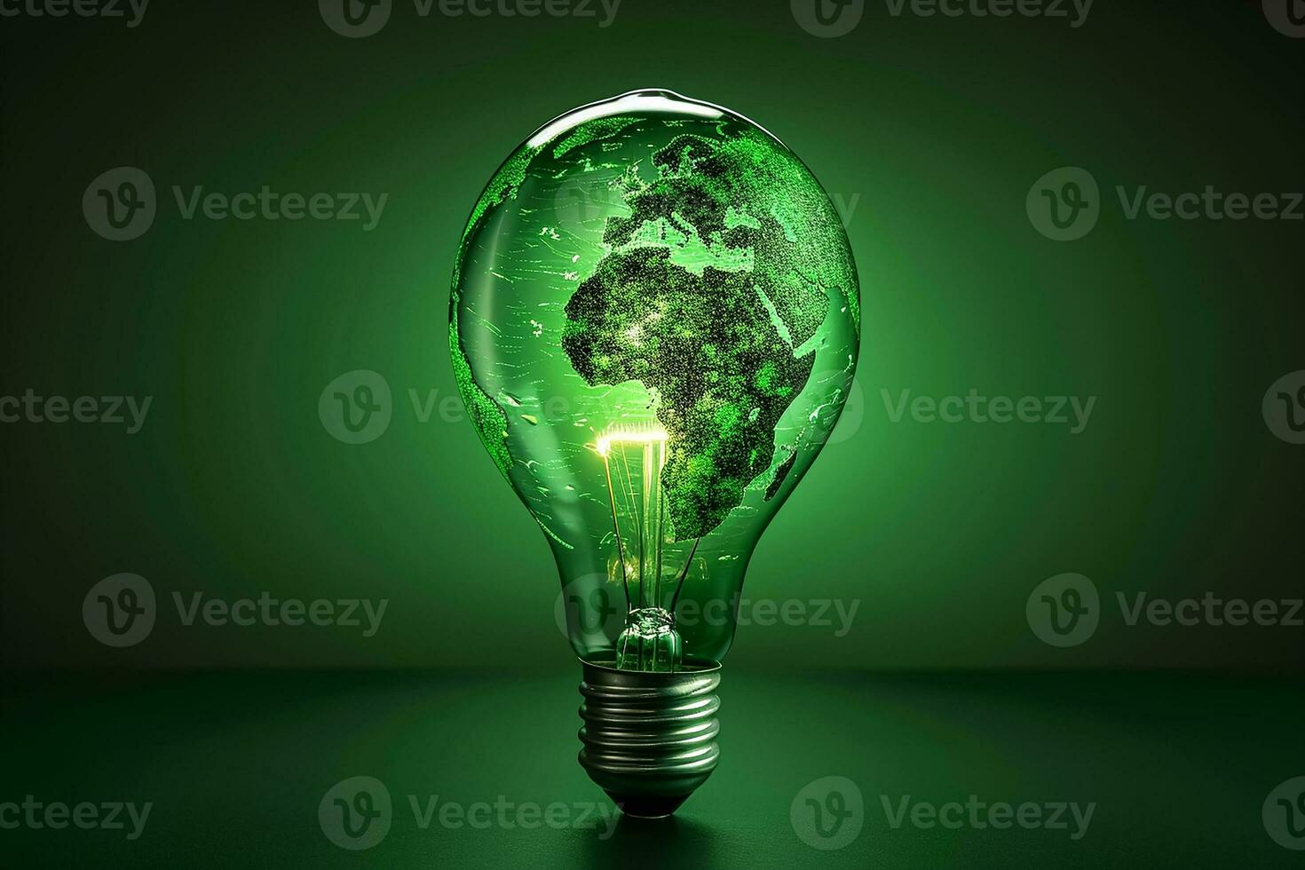 AI generated Green World Map Print On The Light Bulb With Green Theme photo