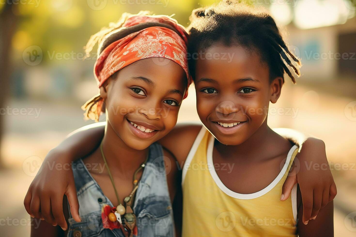 AI generated Two happy black girls laughing and hugging each other photo