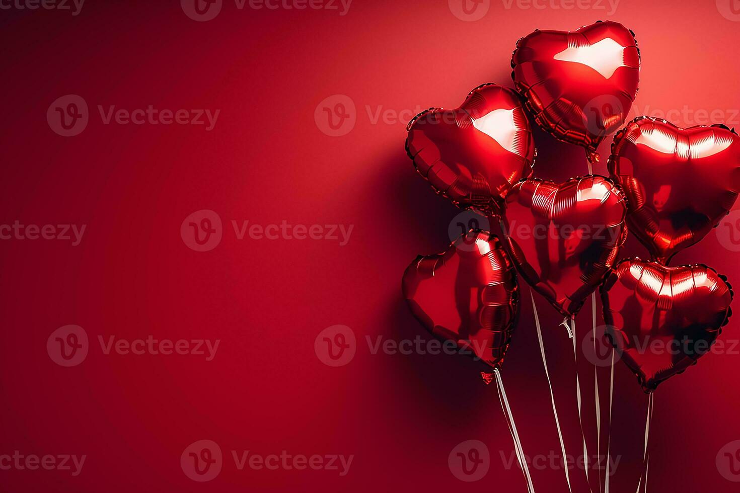 AI generated Heart shaped balloons on red background. Saint Valentine's day celebration photo