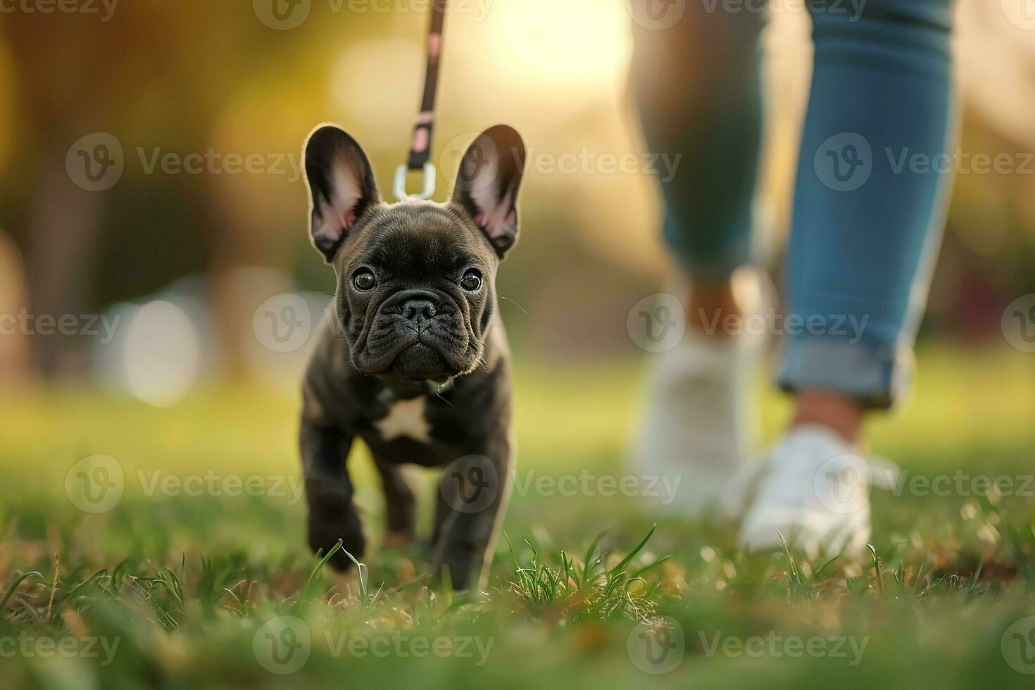 AI generated American woman is playing with her french bulldog puppy while walking in the dog park at grass lawn photo