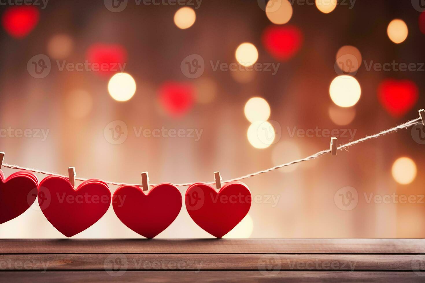 ai generado contento San Valentín día, rojo corazones colgar en de madera ropa clavijas en un cadena, con bokeh luces en el antecedentes foto