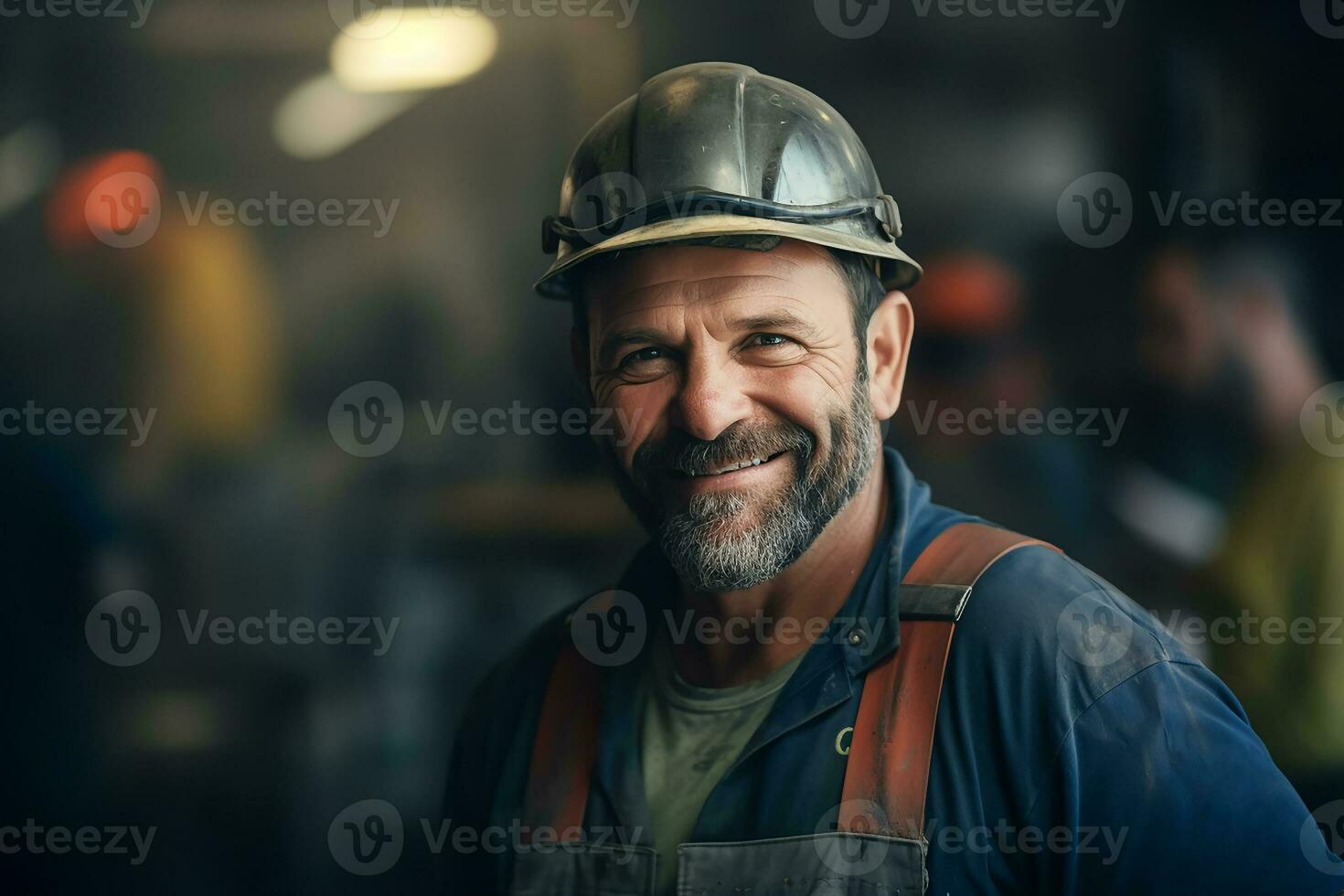 AI generated happy labor man side face blurry background, closeup photo