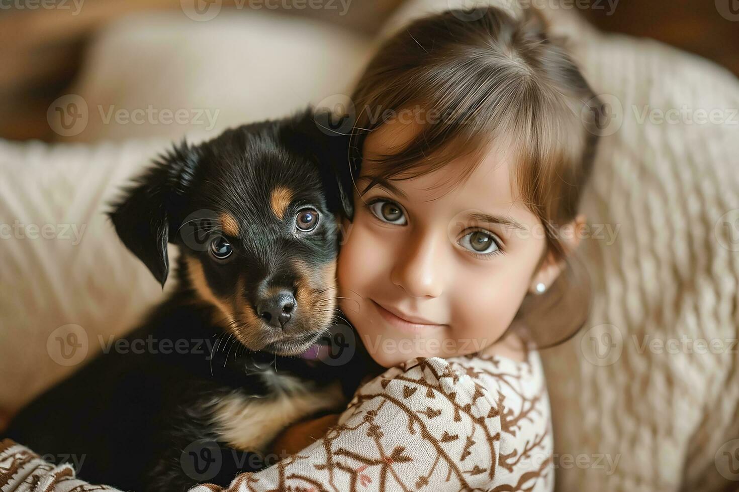 AI generated Little girl with her puppy at home photo