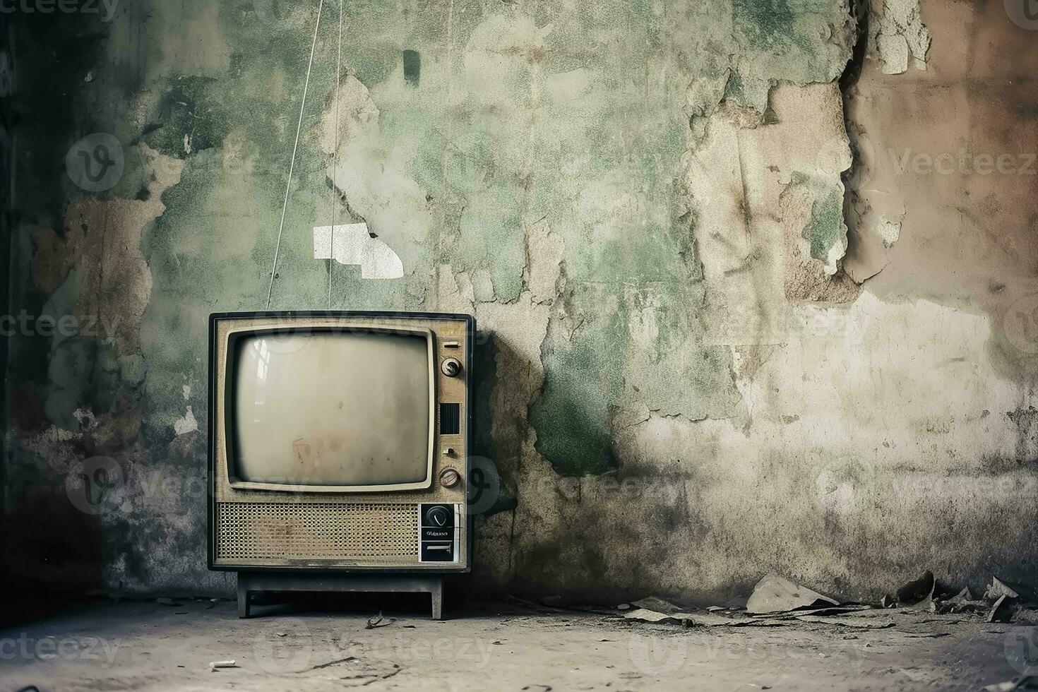 ai generado de cerca fotografía de antiguo crt televisión en frente de antiguo pared foto