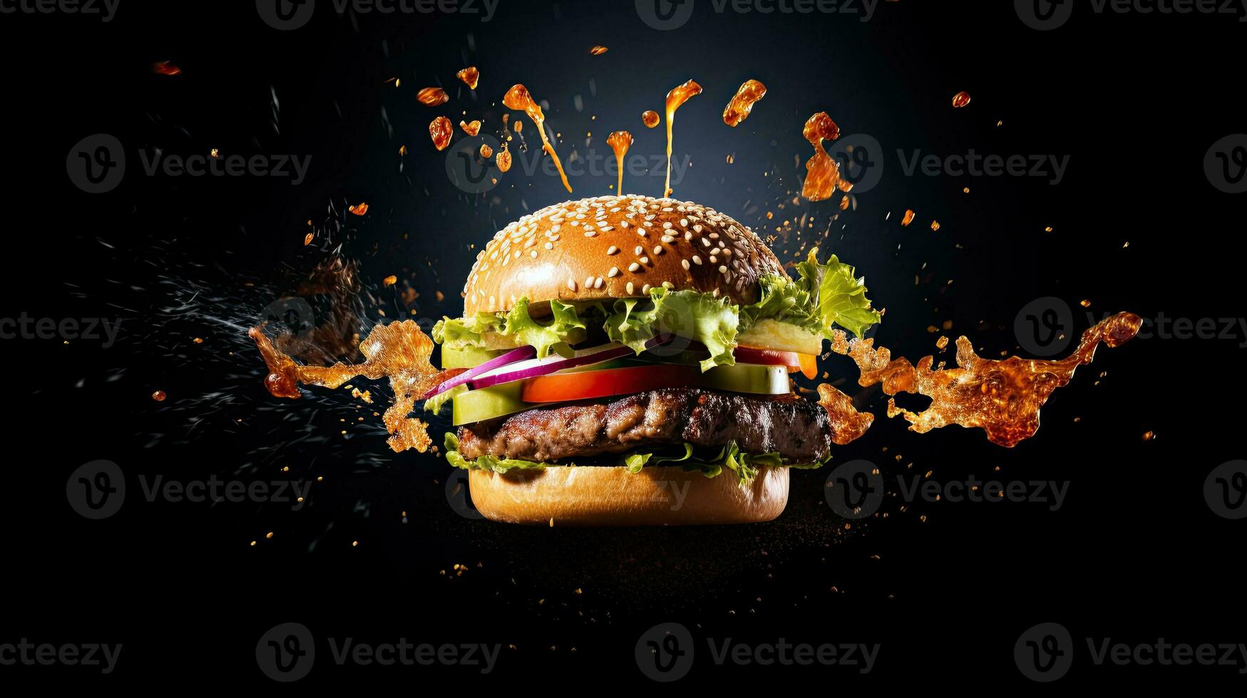 AI generated Delicious and tasty burger isolated on black AI Generative photo