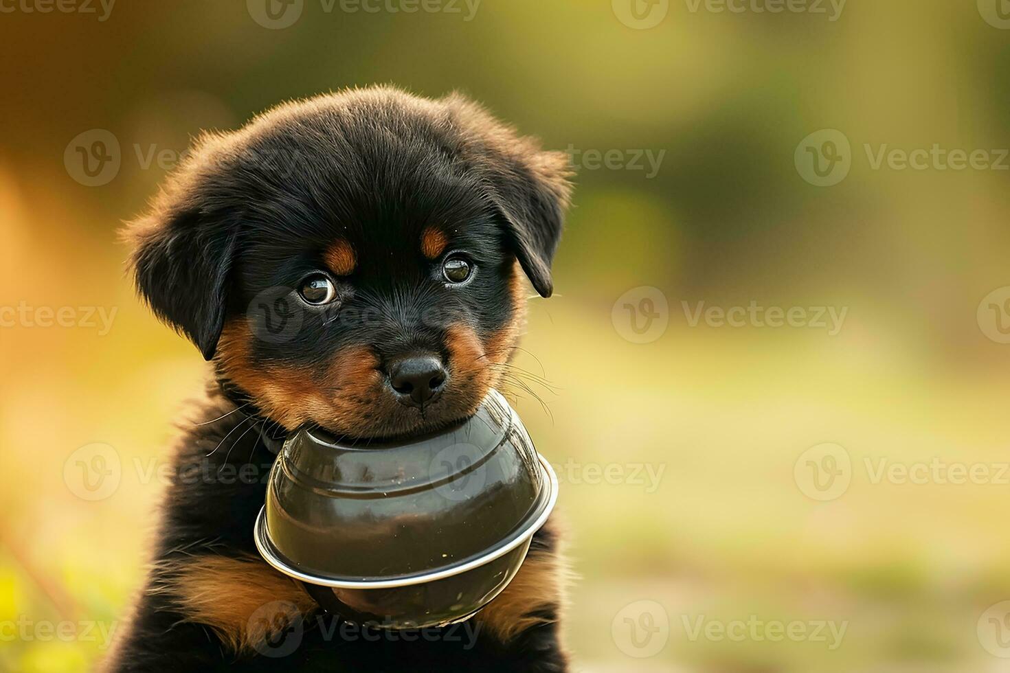 AI generated Rottweiler puppy holding a bowl in his mouth photo